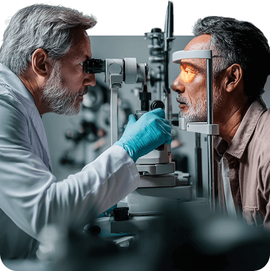 Clinician at an ophthalmic examination device in a clinical setting