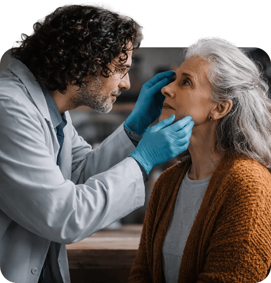 Clinician examining a patients eye in a clinical setting